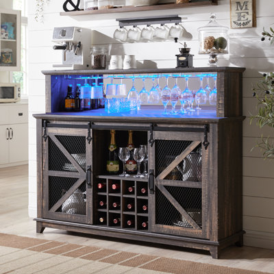 Gruber Farmhouse 55"W Wine Coffee Bar Cabinet With LED Lights, Sliding Barn Door, Wine & Glass Rack