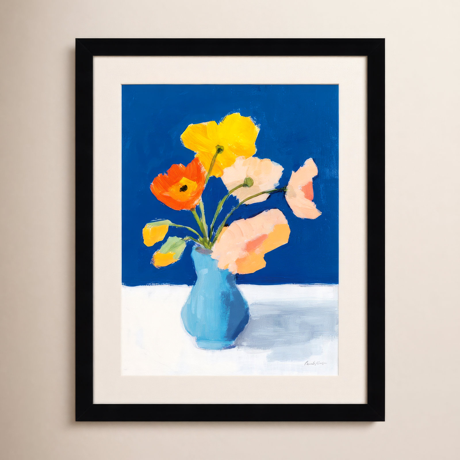 "Poppies on Blue" Painting by Pamela M., 18.12" H x 14.62" W x 0.88" D, Black