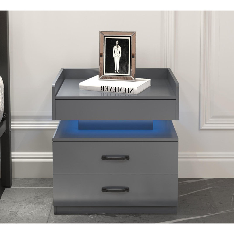 1 Set Nightstand with Adjustable LED Strip Light, 2-drawers, Large Storage Space, Suitable for Bedside Table, Coffee Table, Sofa Side Table or End Table for Study Desk