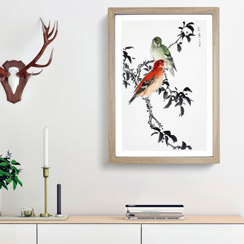 Crossbill Birds by Numata Kashu - Picture Frame Painting Print, Oak Framed, 65cm H x 48cm W x 2cm D