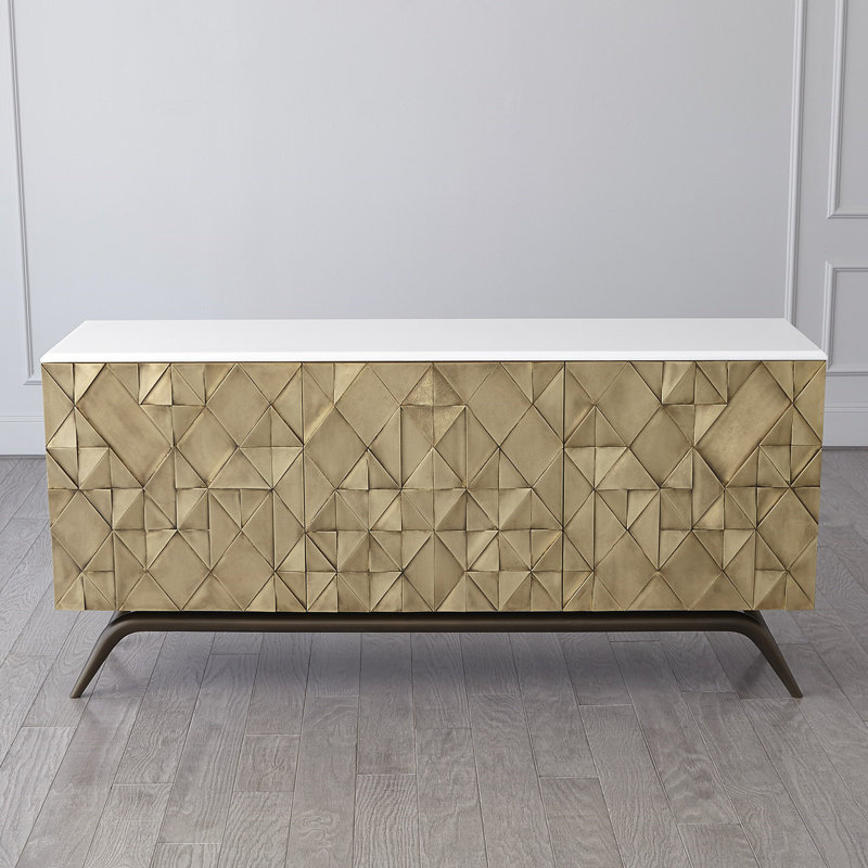 Polished Brass Triangle Cabinet with Marble Top and Adjustable Shelves