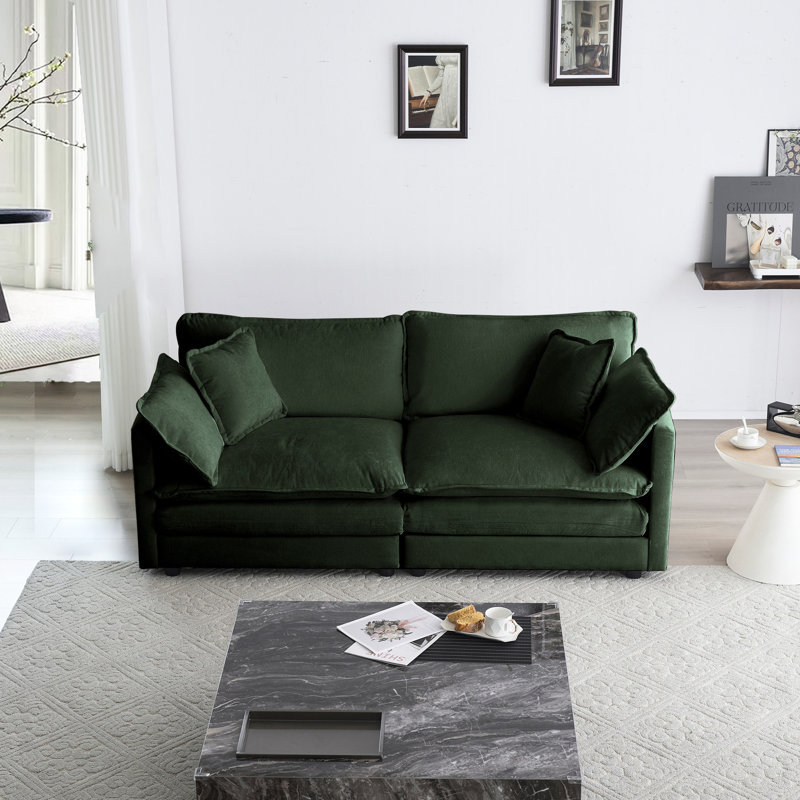 Salon - chenille, 2 sièges, 4 coussins, structure en bois, tissu moderne 2 coussins doux, relaxant