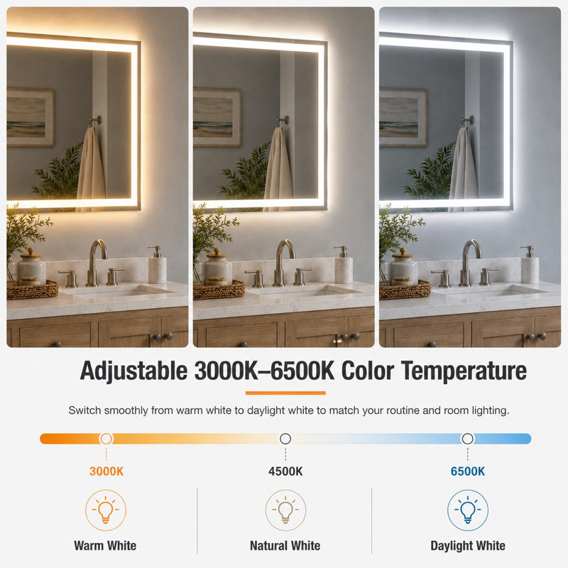 Iris Rectangular Frameless LED Wall Bathroom Vanity Mirror in Silver, 36" x 42"
