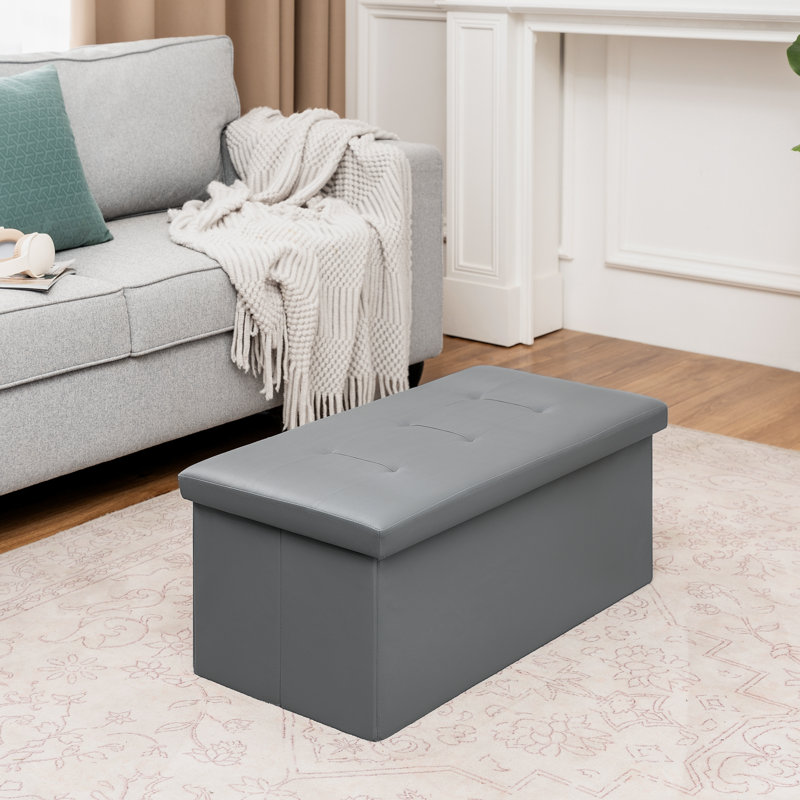 Folding Storage Ottoman With Tray Top – Faux Leather, 30-Inch Collapsible Bench, Footrest & Coffee Table, 300Lbs Capacity