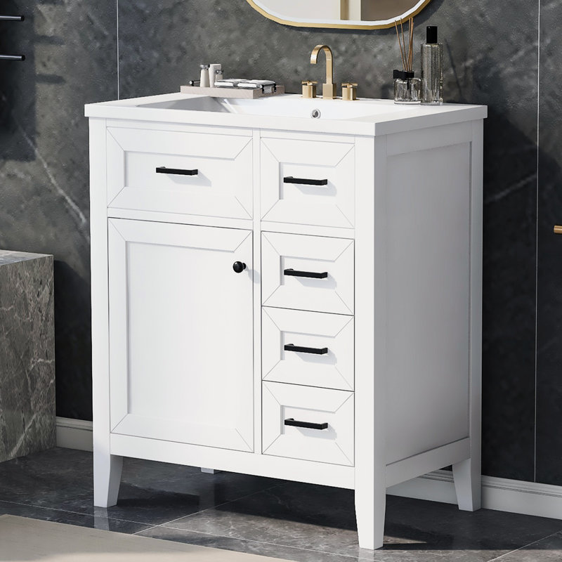 Meuble-lavabo de salle de bain 30 po - Armoire blanche moderne avec tiroirs de rangement en céramique et tablette, Blanc