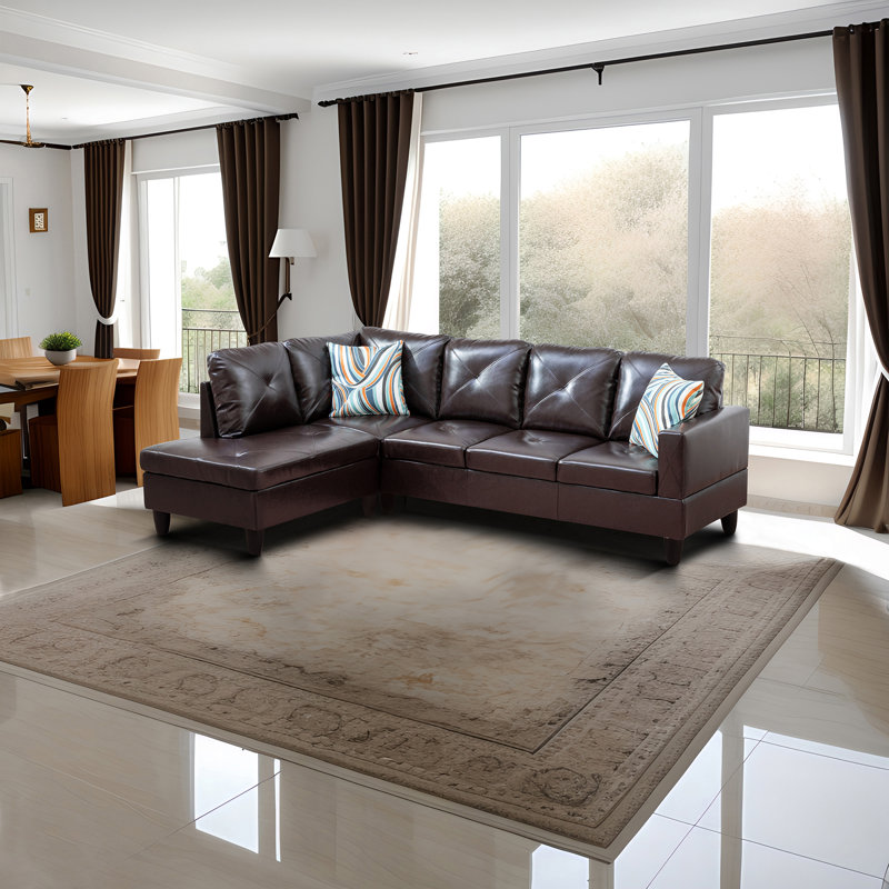 Delayna Faux Leather Sectional, Brown Faux Leather, Black, Left Hand Facing
