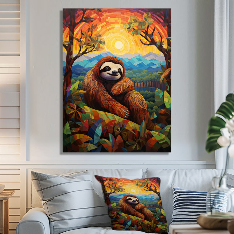 «Relaxing Sloth In Colorful Landscape», art mural paresseux, H 32 po x l 16 po x P 1 po, Toile tendue