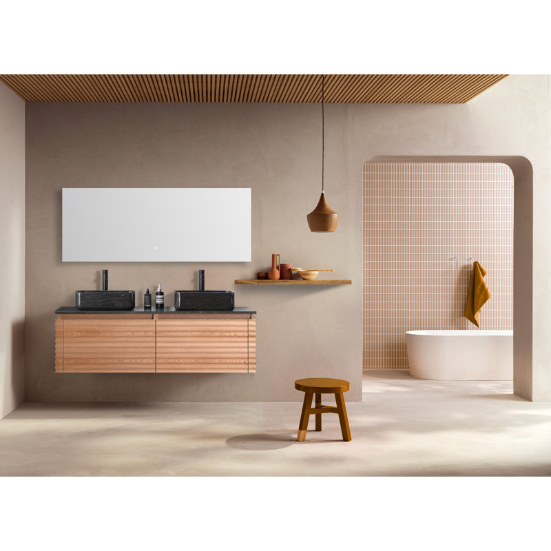 Meuble-lavabo double 60 po en contreplaqué de chêne naturel avec plateau en quartz, Érable
