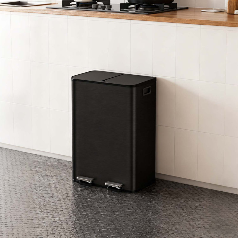 Grande poubelle double en acier inoxydable avec couvercle pour la cuisine, Noir mat, 16