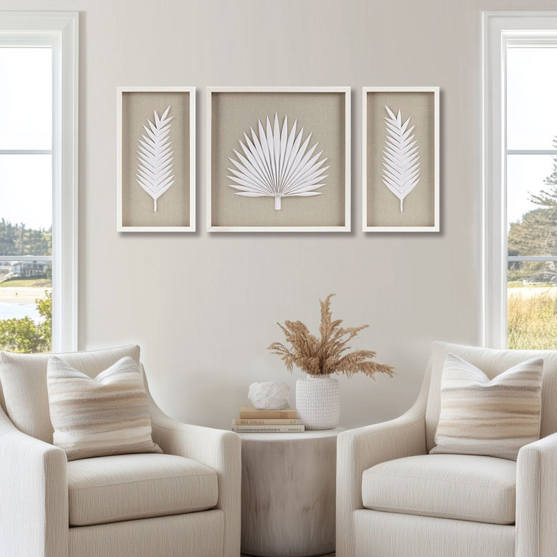 Off-White Framed Rice Paper Palm Leaves Shadowbox Set