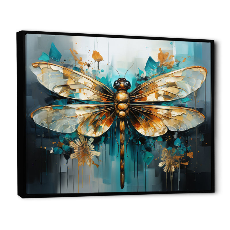 Bleu sarcelle, turquoise, libellule, gouttes I - Libellule, art mural, Cadre flottant noir, H 34 po x l 44 po x P 1,5 po