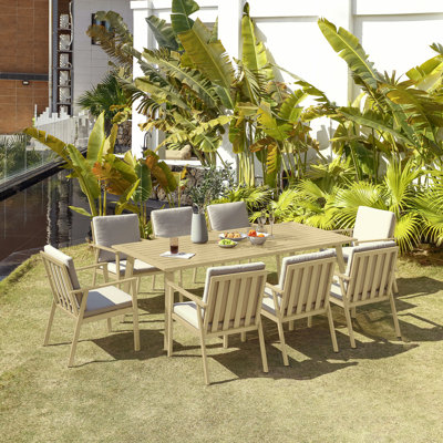 Ensemble de salle à manger d'extérieur 9 pièces, mobilier de patio en aluminium avec trou pour parasol, ensemble repas d'extérieur résistant aux intempéries pour 8 personnes, ensemble table et chaises pour terrasse, jardin, piscine, pelouse, bois d'érable