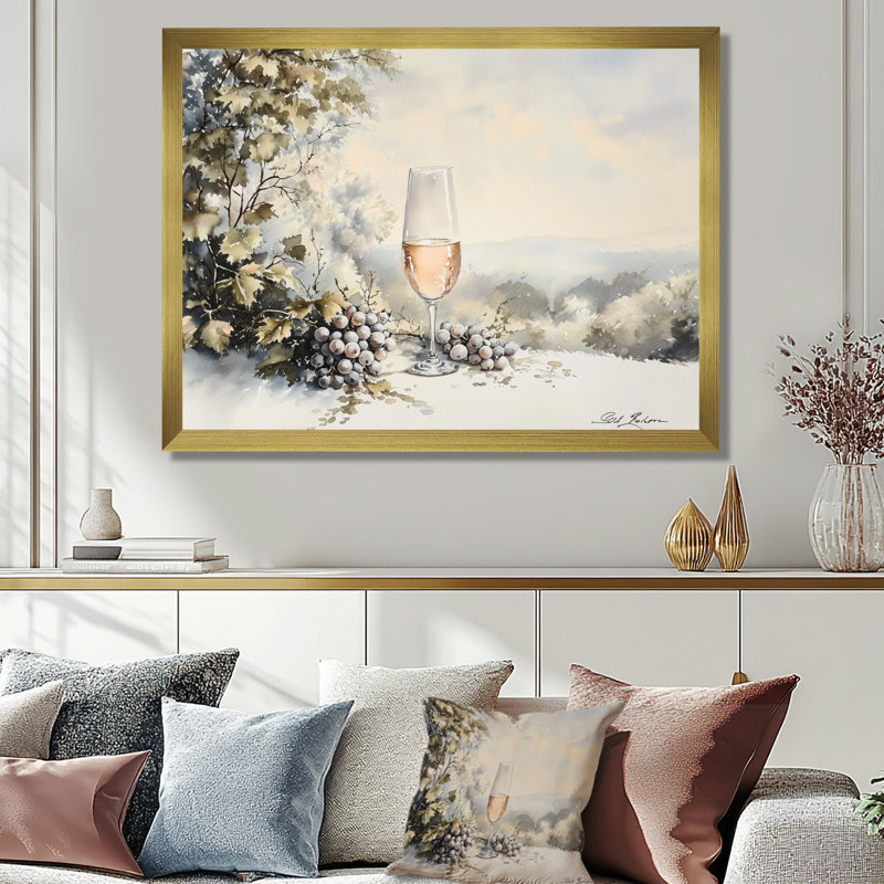 «Grape Wine Chardonnay Glass II», reproduction d'art vin et champagne, H 30 po x l 40 po, Doré