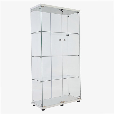 Lighted Two Door Glass Cabinet Glass Display Cabinet with 4 Shelves, Brown