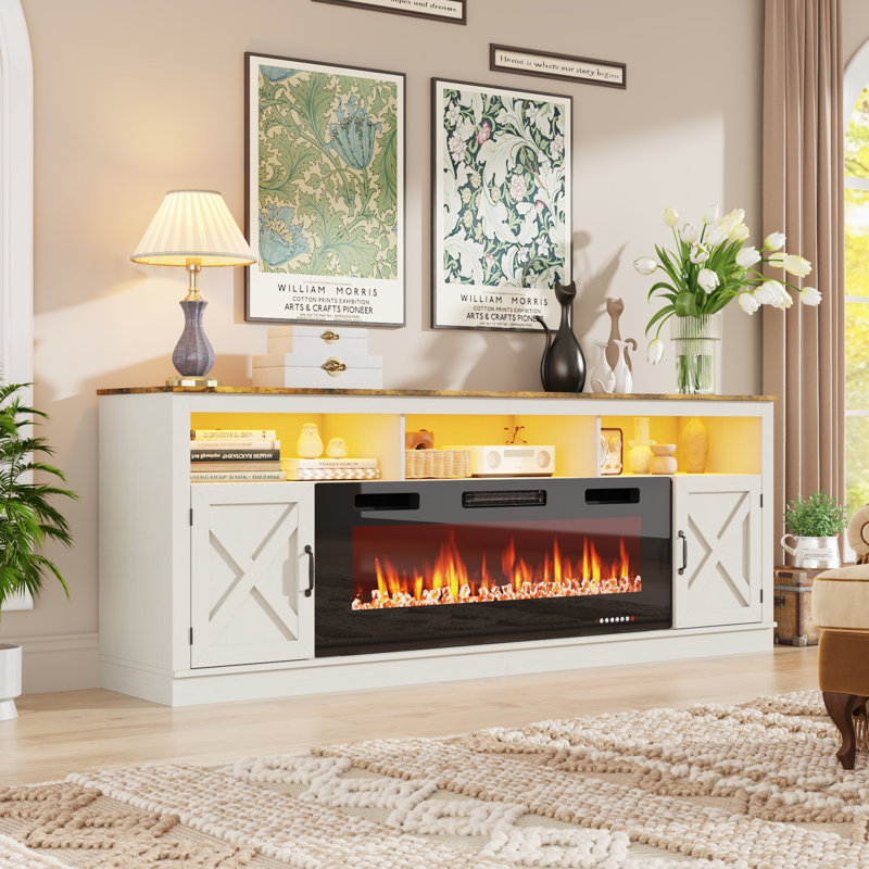 Crédence de rangement avec foyer Zev, Blanc, 31.5" H x 68.9" W x 15.7" D