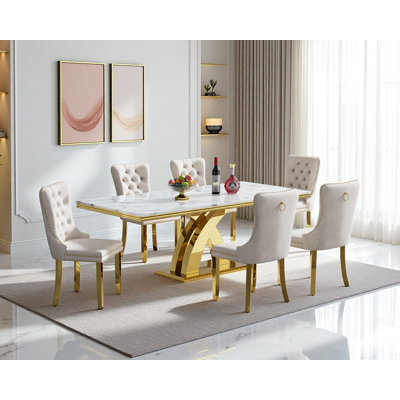 Modern 68.11" Faux Marble Dining Table Set , White Marble Dining Table with Velvet Dining Chairs, Dining Room Table and Chairs Set, Luxury Dining Table Set for Kitchen Dining