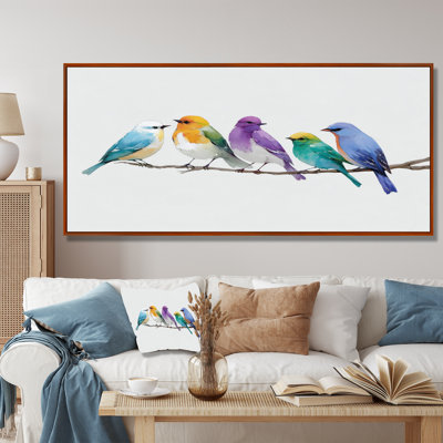 «Colorful Lovebirds Singing On A Branch», reproduction d'art sur toile encadrée, art naturel mauve