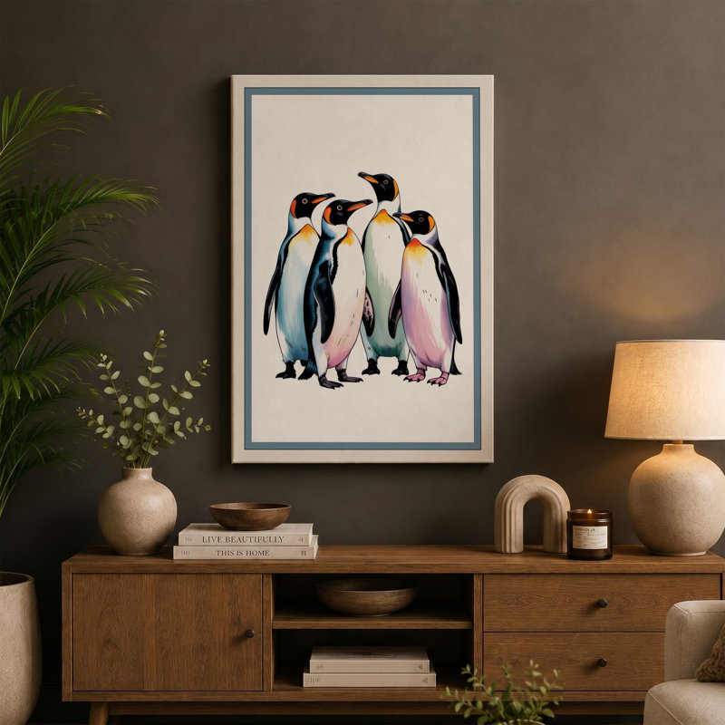 Emperor Penguins Together Coastal 1 Piece Wrapped Canvas Wall Art, 30x20 - 76.2 x 50.8 cm, Taupe Border