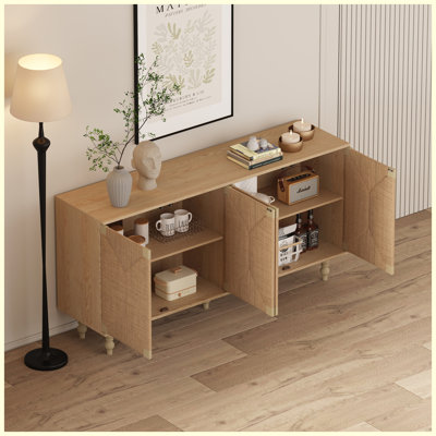 Buffet et meuble télé en métal brossé naturel | Meuble de rangement d'appoint avec portes en jonc de mer | Parfait pour un corridor, une entrée ou une salle à manger