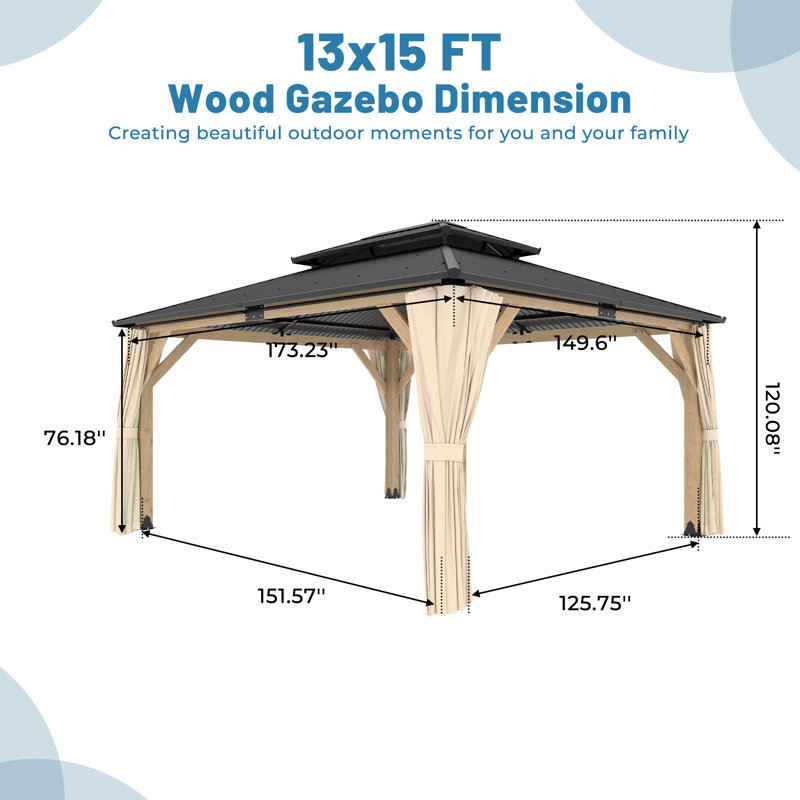 Solid Wood Patio Gazebo, 15' x 13'