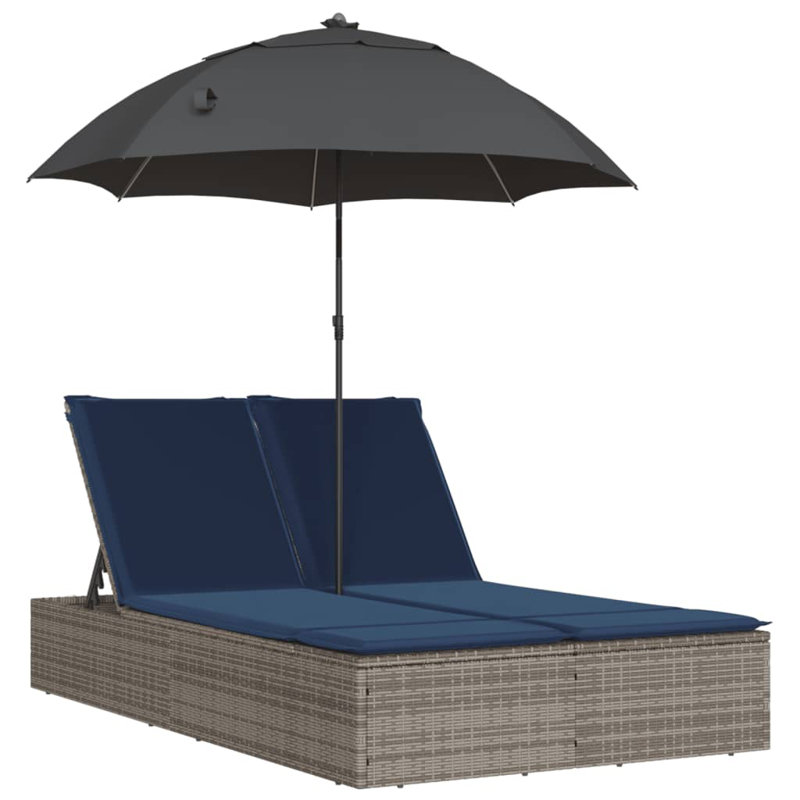  Double méridienne double avec coussins et parasol gris en rotin de polyester, Coussin bleu marine / structure grise