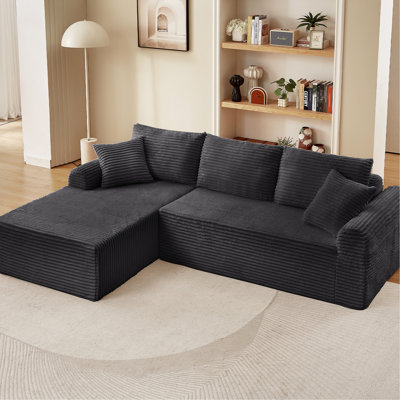 Chaise longue avec base arquée, antidérapante, 3 coussins de dossier et 2 coussins décoratifs, velours côtelé gris foncé droit pour le salon modulaire longue modulaire et coussins polyvalents pour la maison