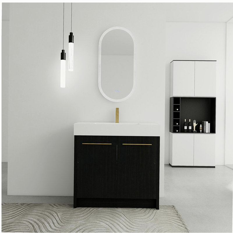 Lavabo autoportant avec bol en résine et porte à fermeture en douceur, 35"