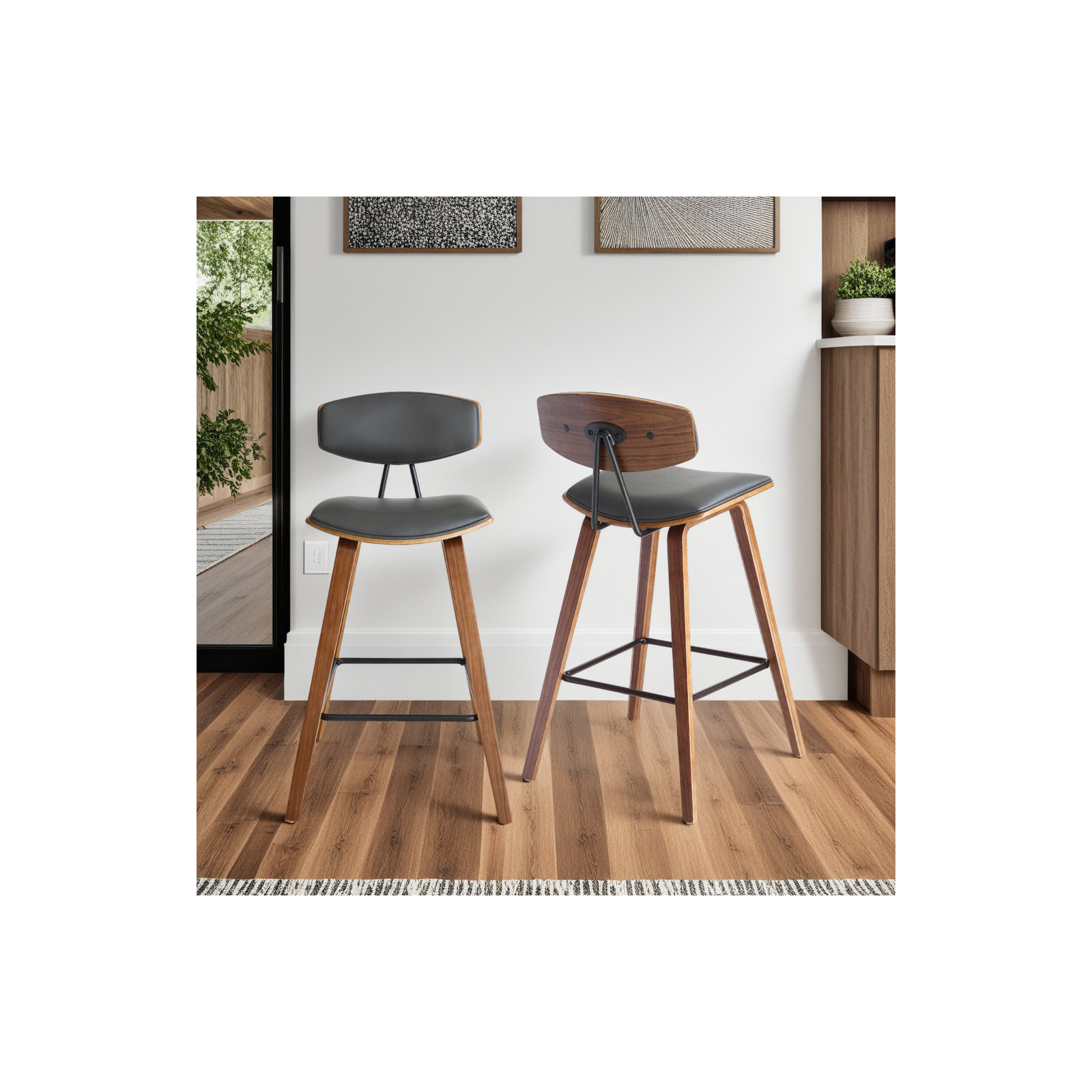 Payton Vegan Leather Bar & Counter Stool, Counter Stool (26" Seat Height), Gray Faux Leather, Walnut