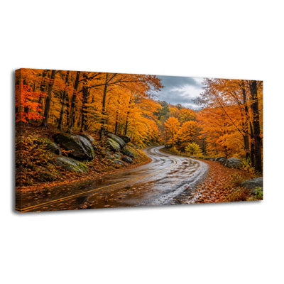 Toile, art mural d'automne, route de forêt vibrante, feuillage jaune et orange, pour salle de bain, bureau de chambre à coucher, H 20 po x l 40 po, prêt à être suspendu