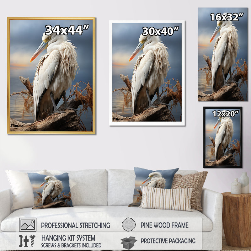«Orava Grey Pelican Tranquil Waters Pelican», reproduction sur toile, Cadre photo blanc, H 40 po x l 30 po x P 1,5 po