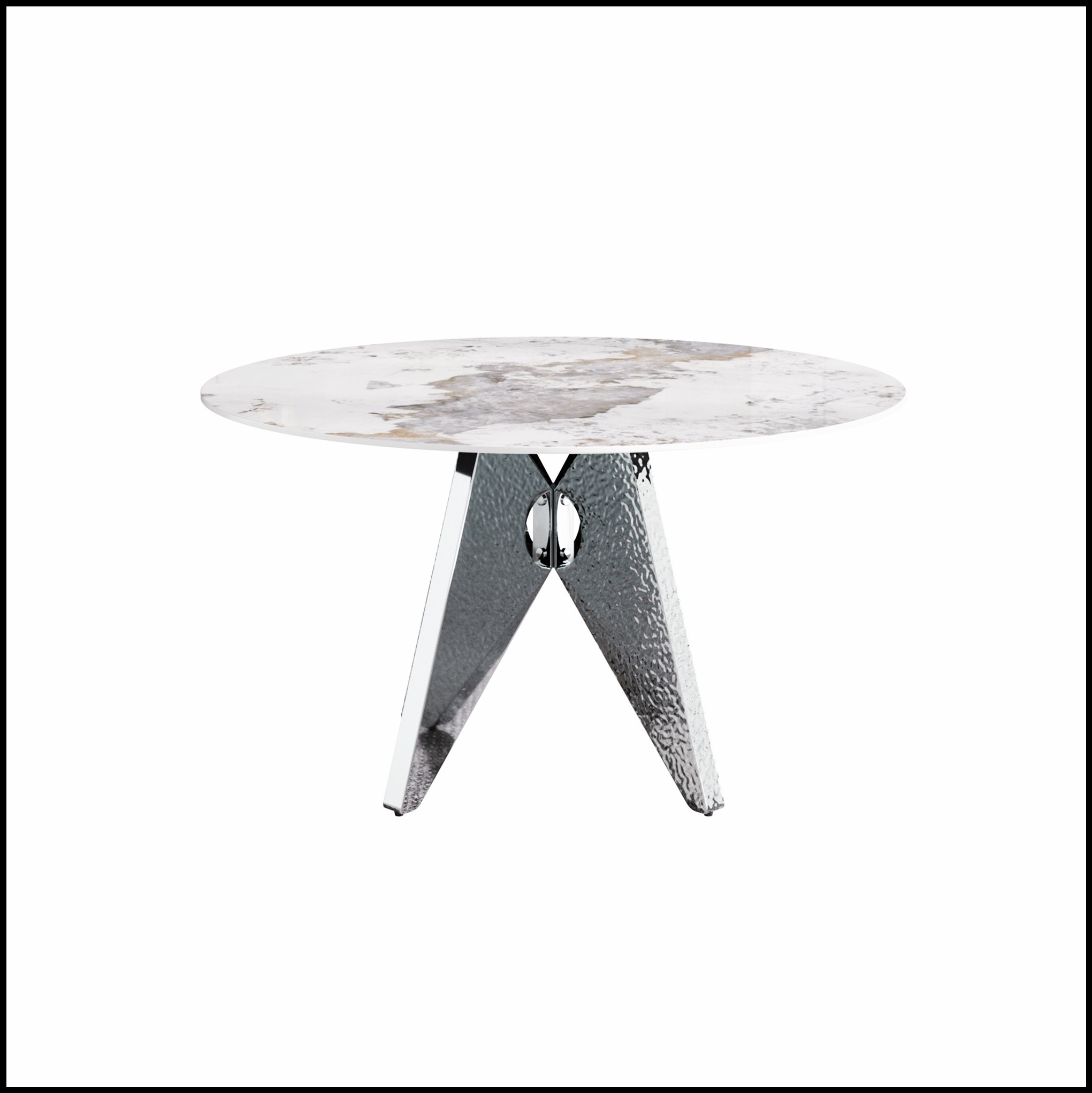 Everly Quinn 59.05 Inch Round Marble Dining Table with Silver Stainless ...