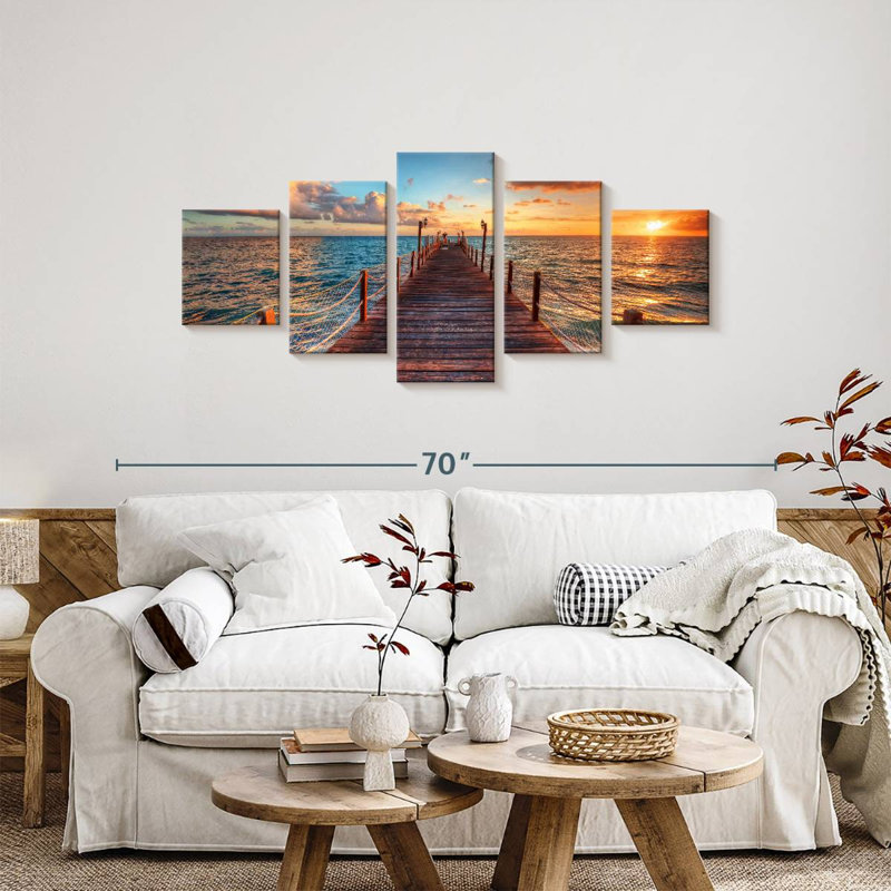 Coucher de soleil au-dessus d'un quai sur toile, ensemble de 5 pièces, H 55 po x l 24 po x P 1,25 po