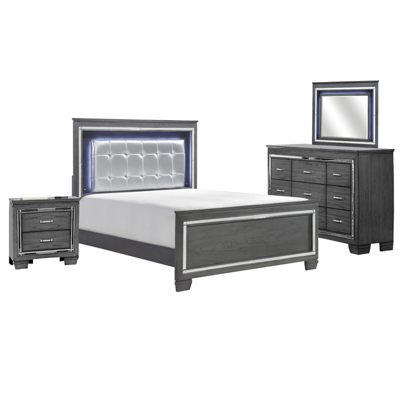 Ensemble de chambre pour grand lit 4 pièces Alen, capitonnage à boutons, garniture de miroir, gris