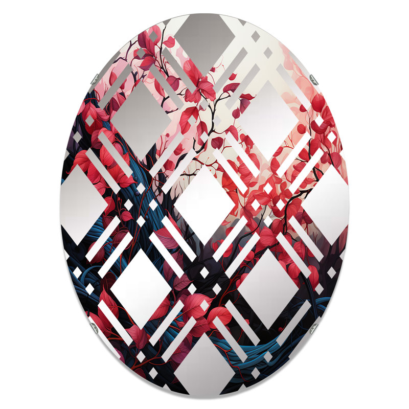 Feuilles botaniques rouges et noires minimalistes - Miroir décoratif à carreaux-MIR114792-Ovale, L 20 po x H 30 po