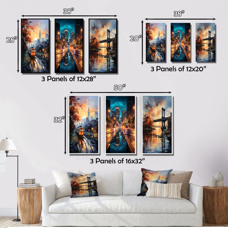 «Colorful New York Bronx», 3 pièces sur toile, Cadre flottant noir, H 20 po x l 36 po