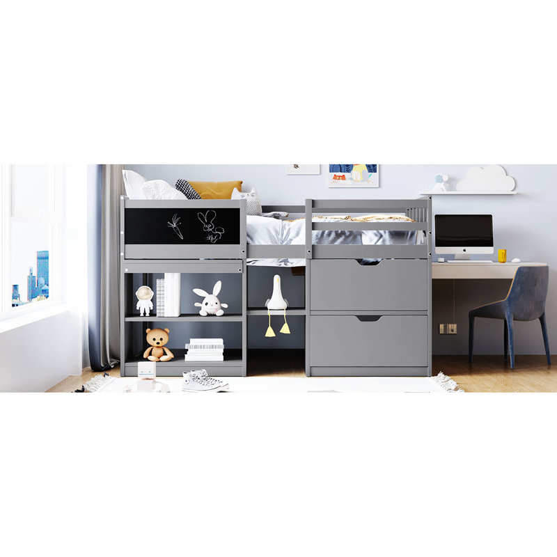Lit simple gris avec mezzanine basse, bureau roulant, tablette et tiroirs - Système de tablette d'ordinateur, Gris