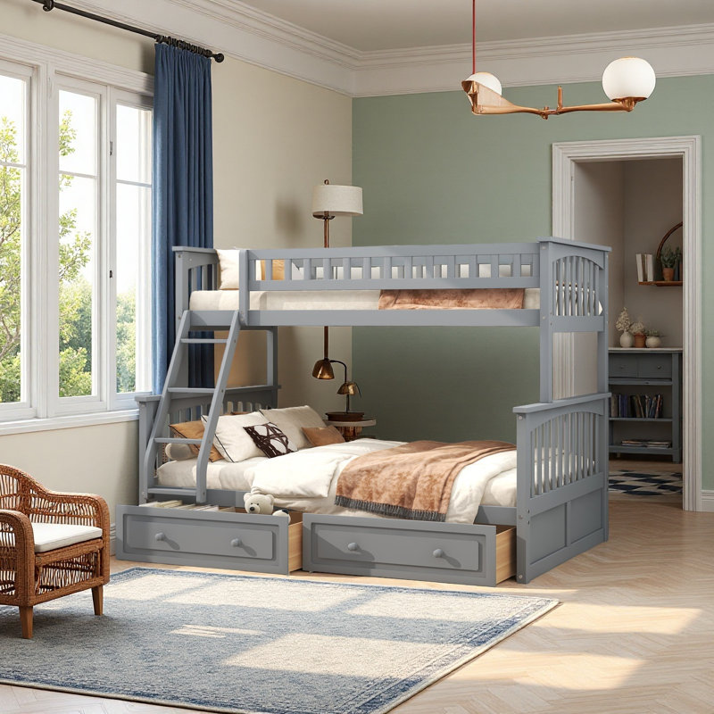 Lit simple superposé au dessus d'un lit double avec tiroirs de rangement, gris