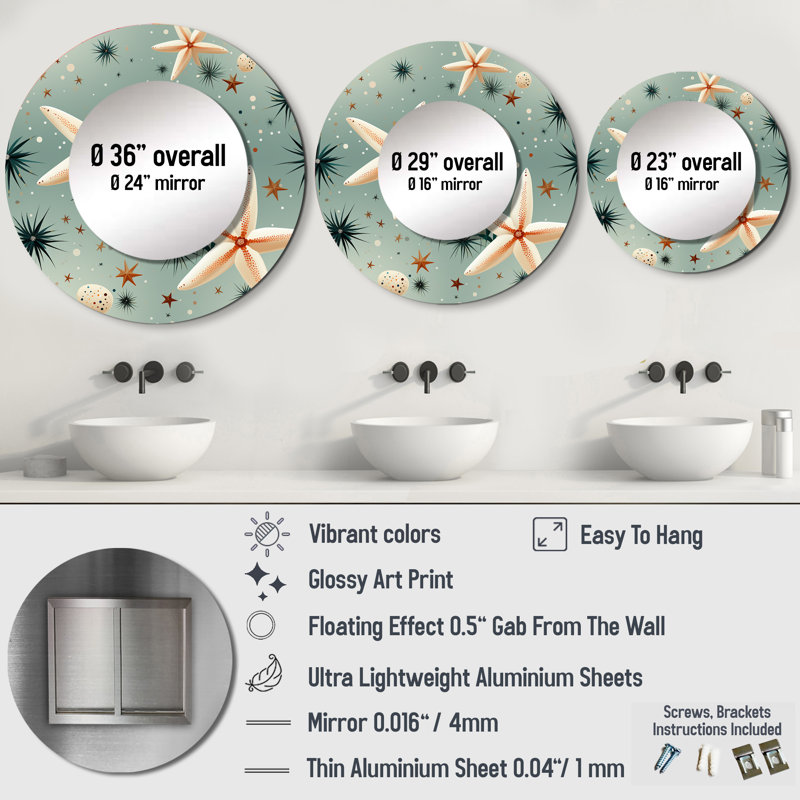 Coastal Starfish Stroll Beige Pattern - Coastal Large Mirror, Beige Round Decorative Wall Mirror, Printed Metal Art
