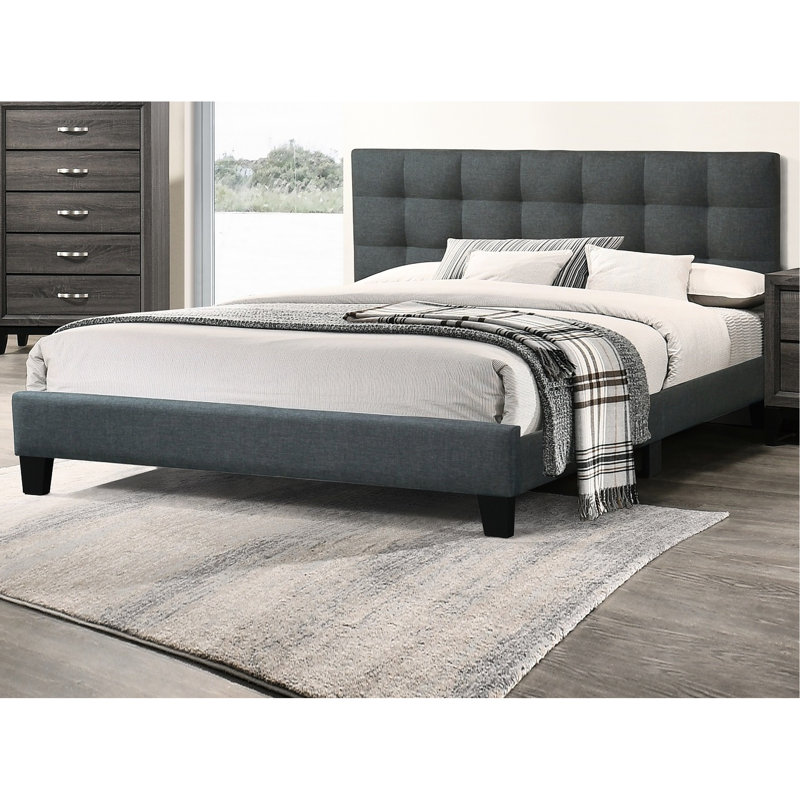 Lit double gris anthracite pour chambre à coucher avec tête de lit tapissier douillette et structure de lit plateforme de couleur élégante