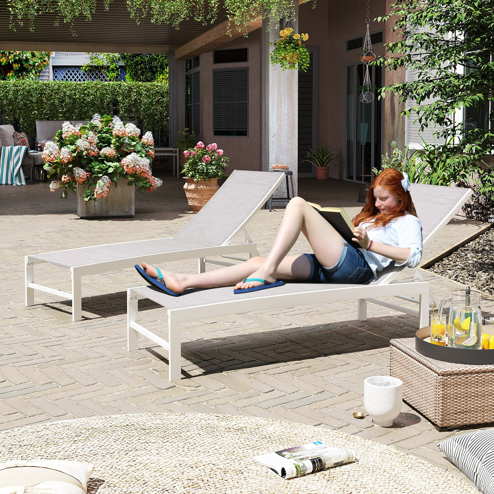 22" Patio Chaise Lounge Set, White Gray Blue Mesh/White Frame