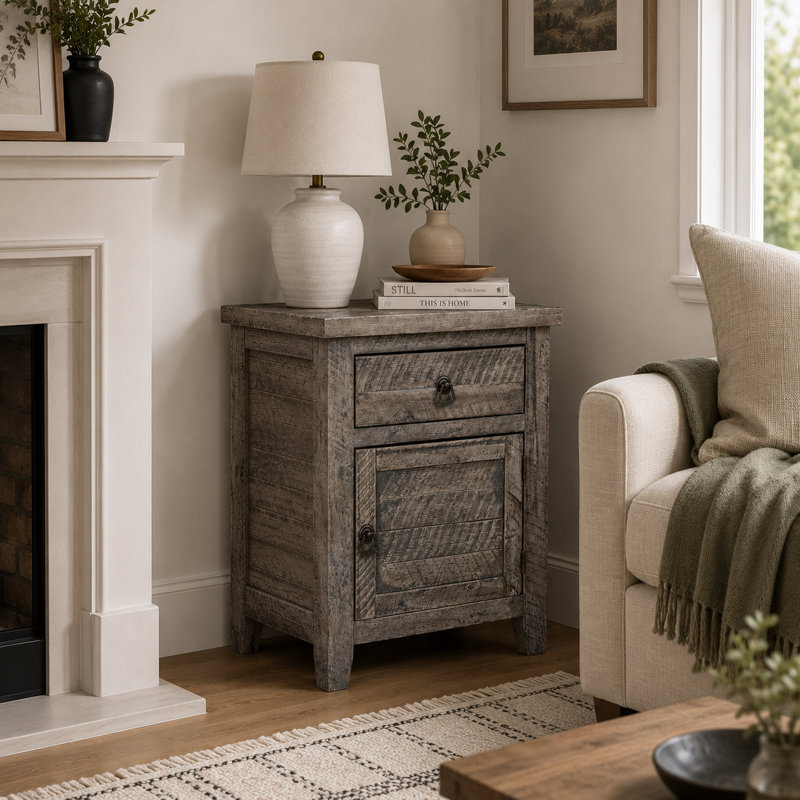 Table de chevet rustique en bois massif avec tiroir et armoire de rangement Laquenda, Gris
