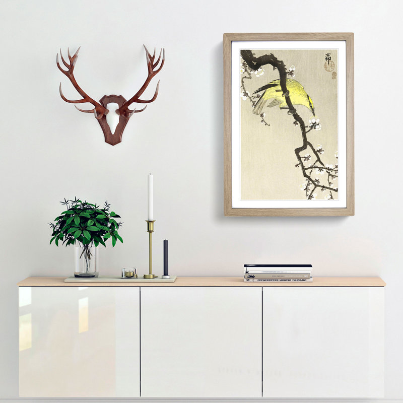 Chinese Oriole Bird on a Plum Blossom by Ohara Koson - Picture Frame Painting Print, 48cm H x 36cm W x 2cm D, Oak Framed