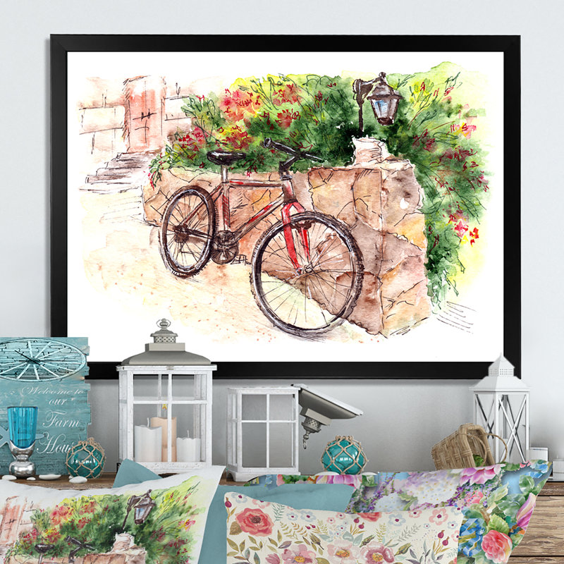Impression florale sur toile avec bicyclette, Cadre noir, H 8 po x l 12 po x P 1 po