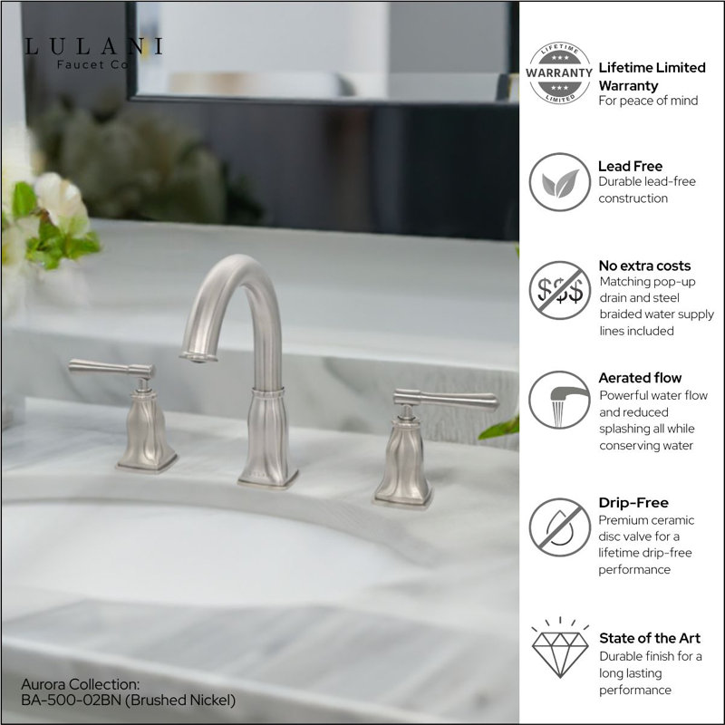 Aurora Brushed Nickel High Arc Double Handle Bathroom Faucet