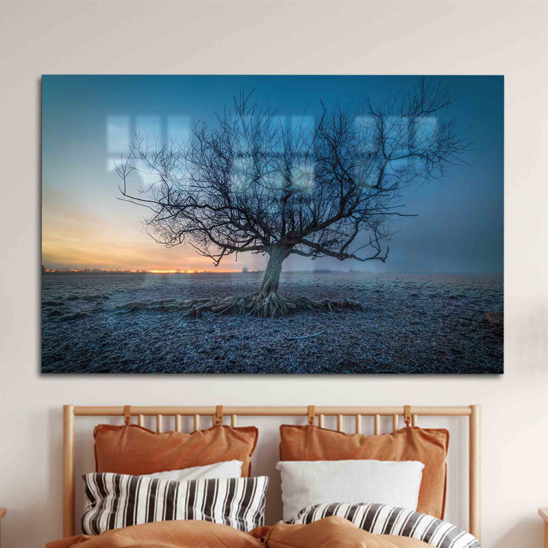Superbe art mural en verre trempé avec une vue artistique du coucher du soleil avec un arbre pour la décoration intérieure | Rectangle