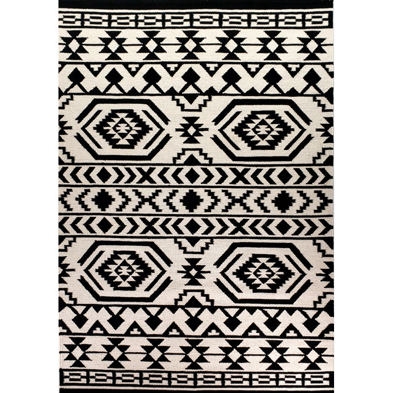 Tapis noir / blanc en laine tissé à plat à la main Treadaway, Rectangle 6 pi x 9 pi