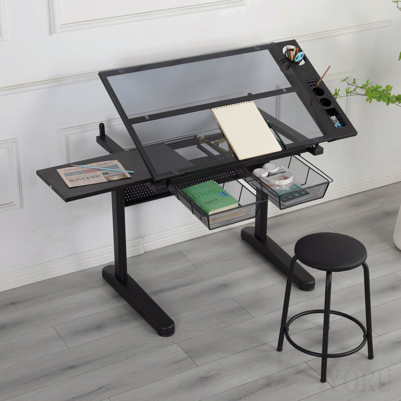 Table à dessin à manivelle réglable avec 2 tiroirs en métal (noir) et tabouret