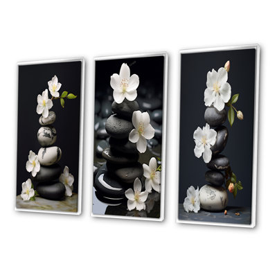 Ensemble de 3 pièces sur toile - zen sérénité fleurs blanches cairn pierre noire