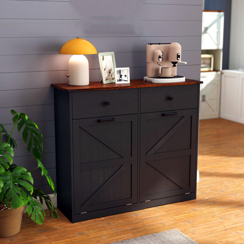 Double-Tilting Trash Cabinet, Freestanding Recycling Bin With Hidden Drawer, Kitchen Tilt-Out Trash Cabinet, Fits 20-Gallon Trash Cans