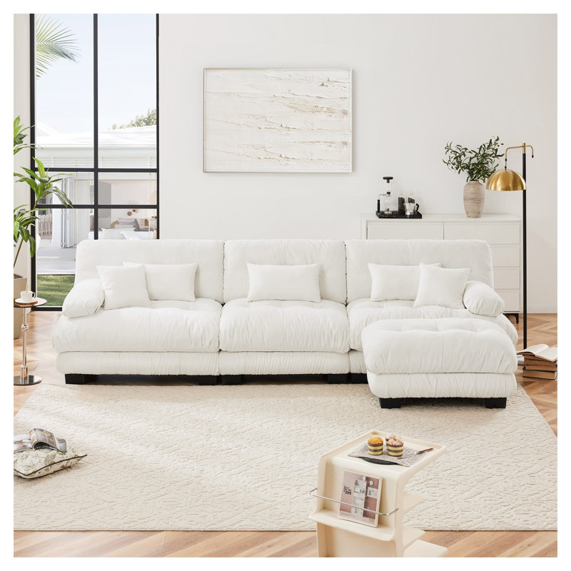 Canapé-lit modulaire en L surdimensionné en chenille blanc avec repose-pieds convertible Cloud, Chenille blanche